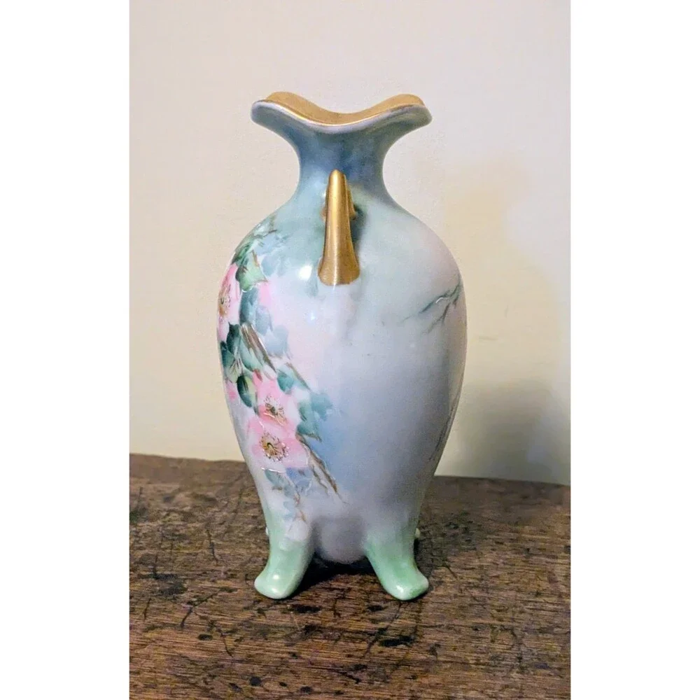 Antique Hand Painted Porcelain Footed Vase - Pink Wild Roses & Gold Gilt 6